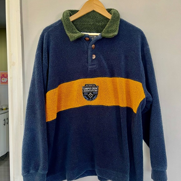 Sweaters - Campus Crew Navy & Mustard Sherpa Pullover with Green Collar